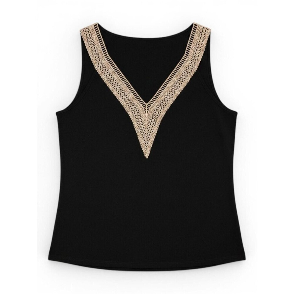 Cupshe Black Tank Top with Cream Crochet V-Neck Trim M